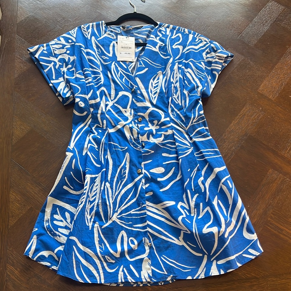 Blue & White Printed Zara Button Up Shirt Dress